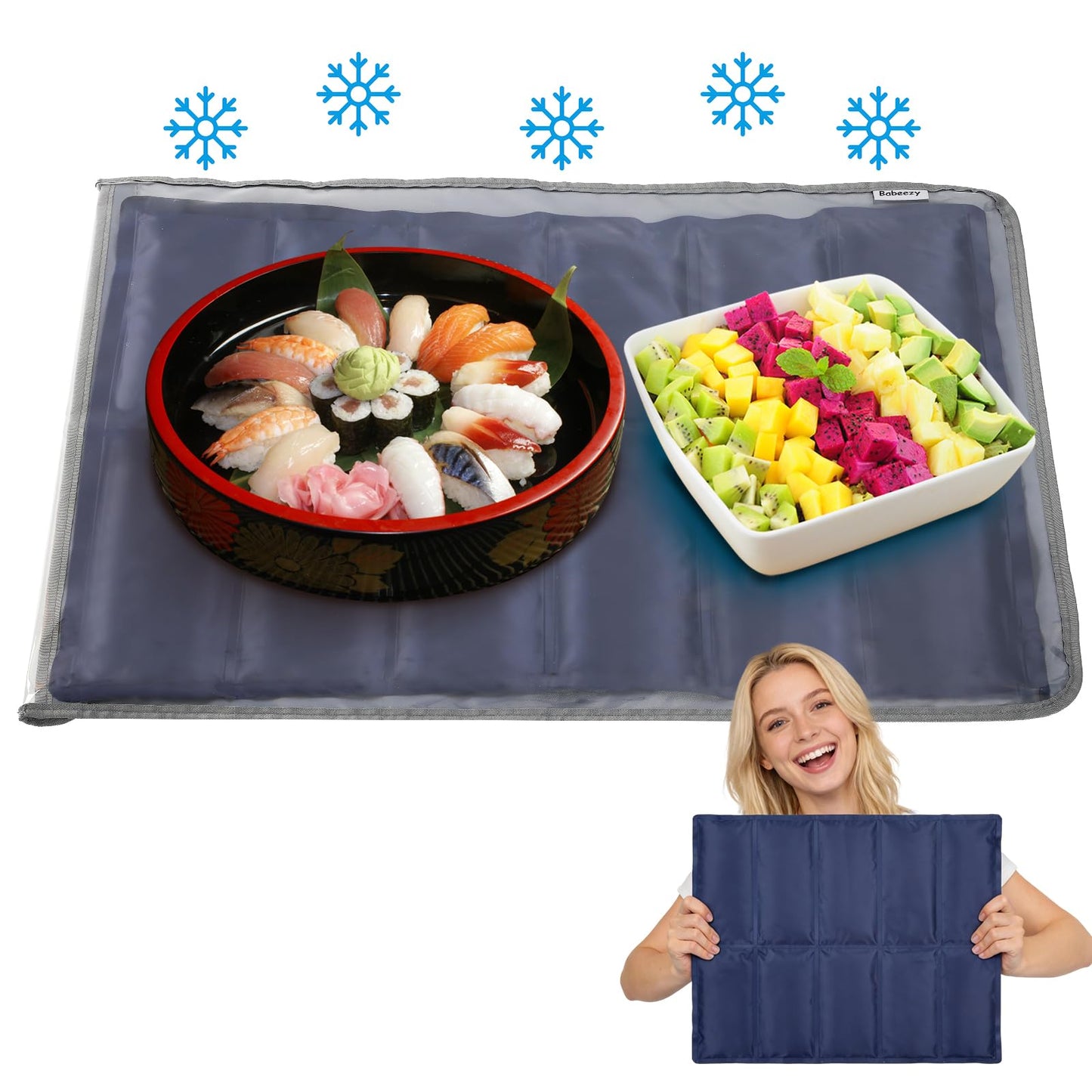 Babeezy Party Mat Chiller,Foldable Reusable Ice Pack Mat with Sleeve Bag 12 Large Cells (2×6) Tray Chiller for Charcuterie, Cheese, Deli Meats, Veggie & Fruit Trays, Sushi, Salads & Dips