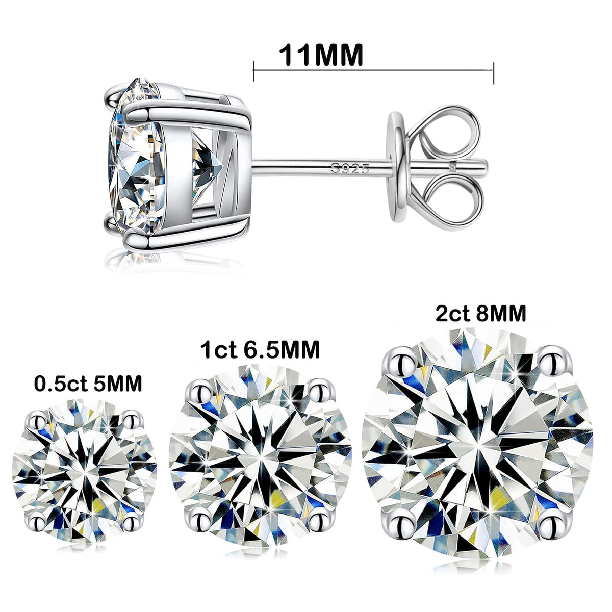 Wedding Stud Earrings for Women Men Total 2ct Moissanite - Laboratory Diamond S925 Silver Earrings Jewelry (6.5MM 1ct X2)