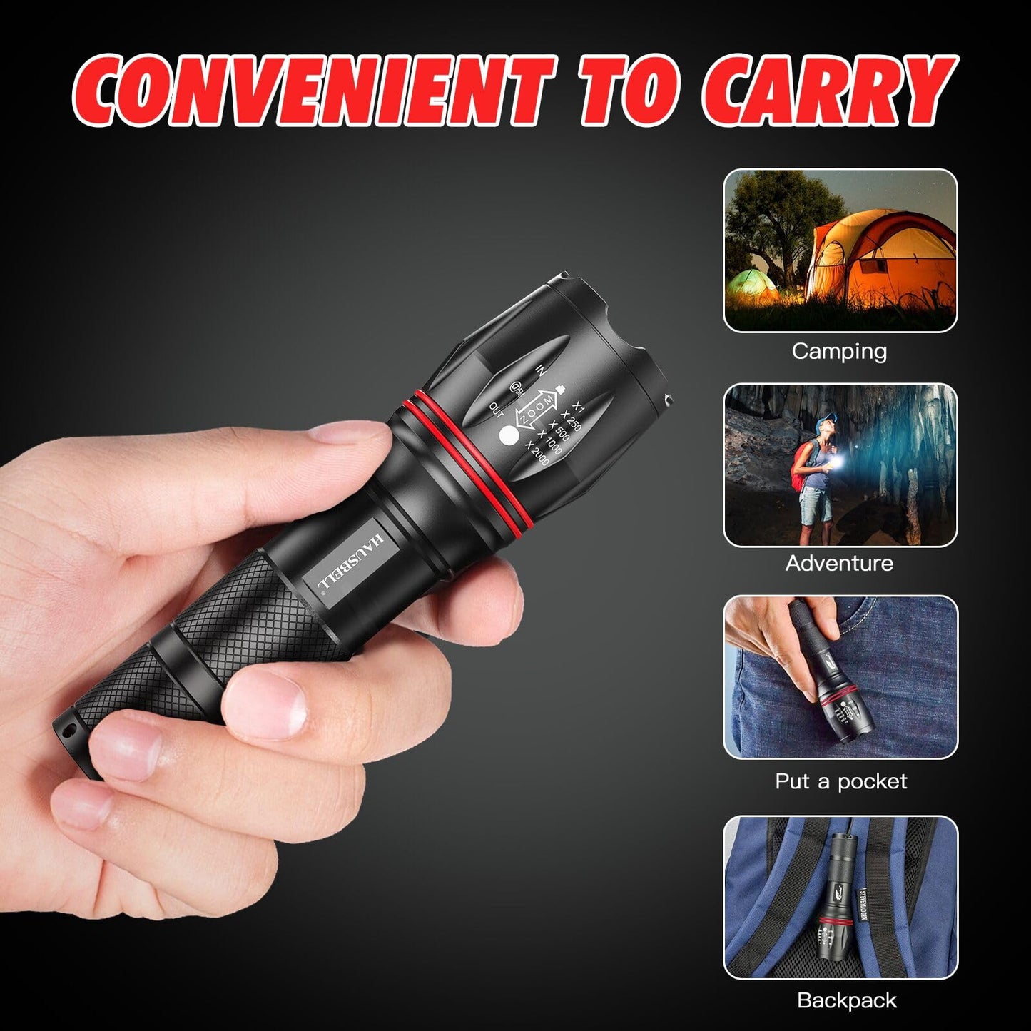 HAUSBELL LED Torch 2000 Lumens (2 Pack), Super Bright Flashlight with 5 Modes, Zoomable Focus, Battery Powered, Water-Resistant Tactical Torch for Camping, Hiking & Emergency Use
