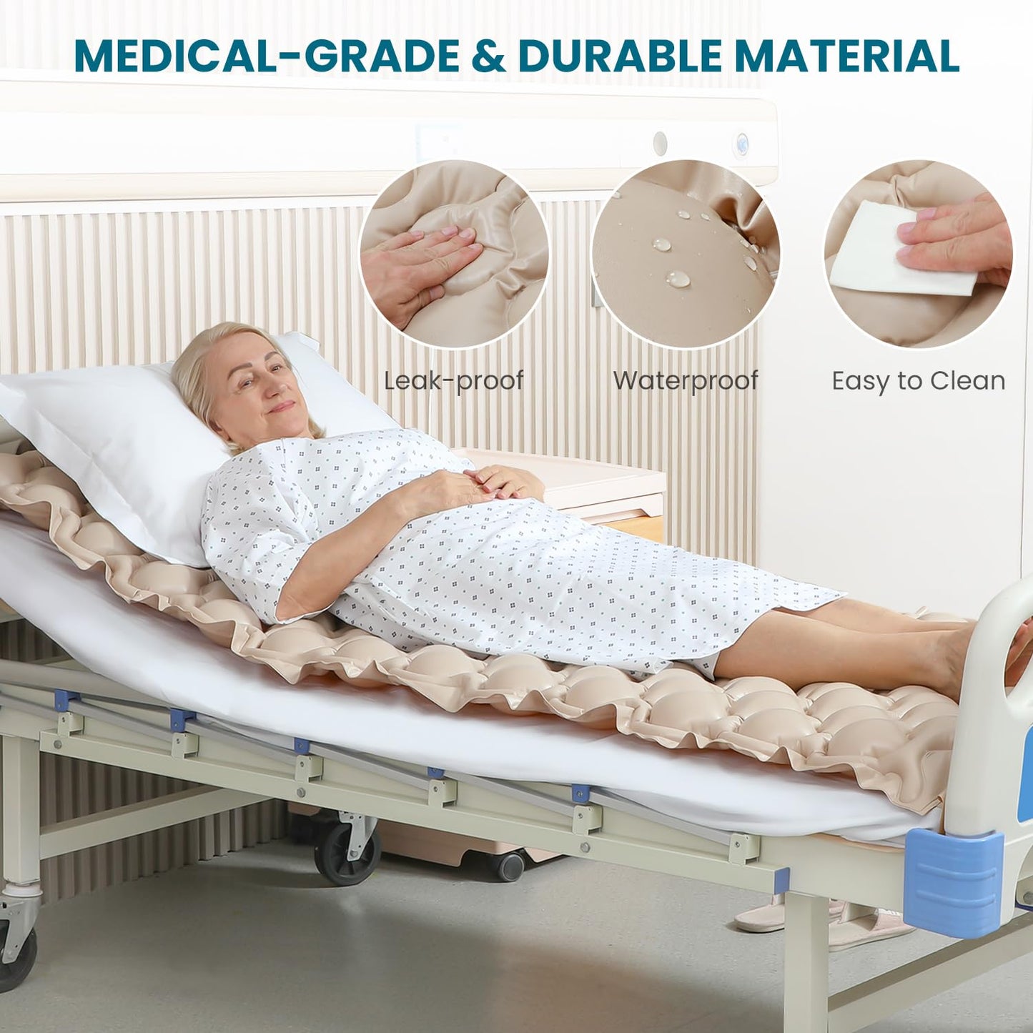 Kekoy Alternating Air Pressure Mattress Pad, Bed Sore Prevention, Hospital Topper for Bedridden Patients, 130 Air Cells, Adjustable Whisper Quiet Pump, Waterproof Cover, Inflated 75"x35" – Beige