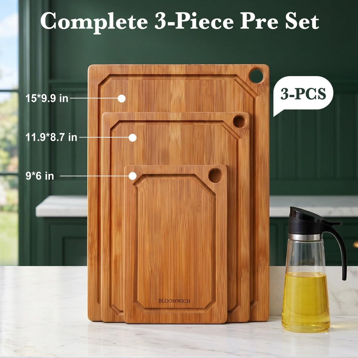 Carbonized Bamboo Cutting Boards for Kitchen Set of 3 Knife-Friendly