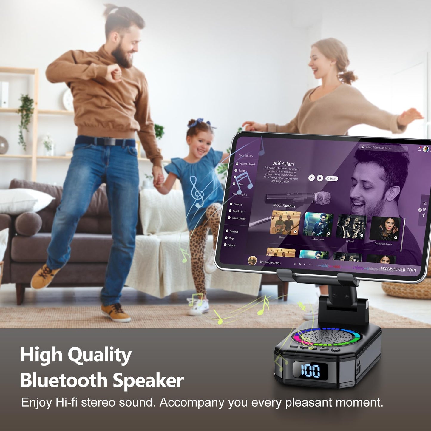 buwy Gifts for Men Women, Cell Phone Stand with Wireless Bluetooth Speaker, Colorful LED Lights, Anti-Slip Base HD Surround Sound, Rechargeable (3000mAh), for Teens, Men, Women for Christmas