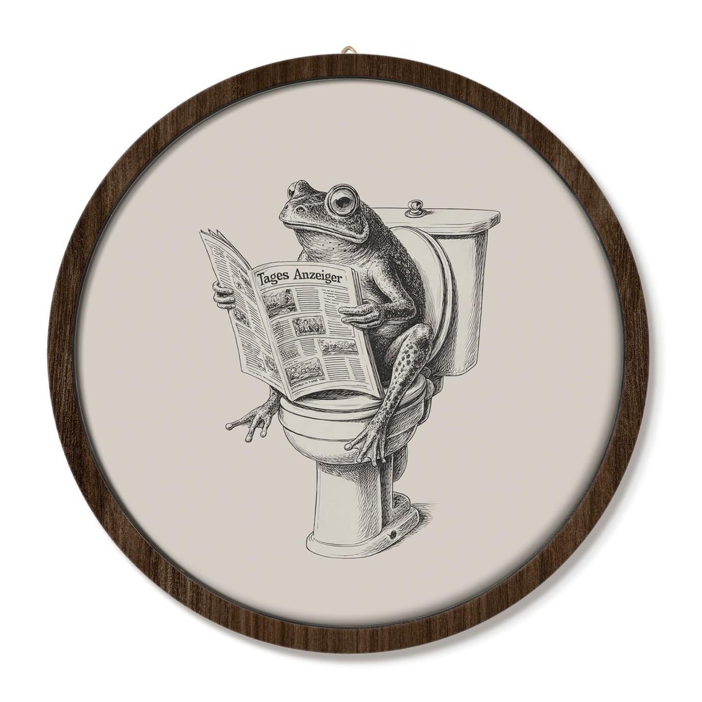VONTP Funny Bathroom Frog Round Wall Art Decor, Retro Frog on Toilet Reading Newspaper, Unique Cute Animal black and white for Bathroom Washroom Restroom Decor, 10x10 Inch