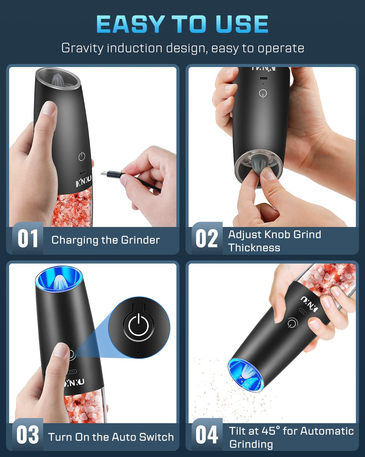 XinXu Rechargeable Pepper and Salt Grinder Set, whit Gravity Sensing Switch and LED Light, One Hand Automatic Operation -Black/2 Pack