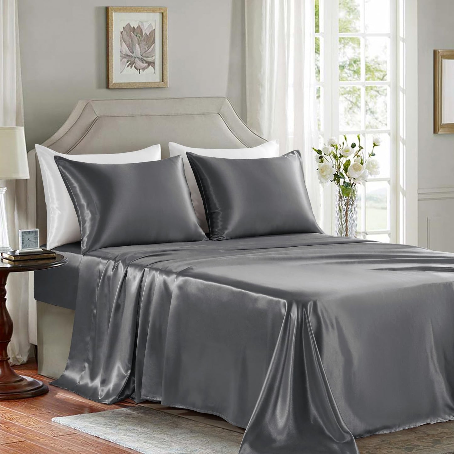 GOLAL Satin Sheets Full Size - 4 Pieces Luxury Silky Soft Bed Sheets, Wrinkle-Free Dark Grey Satin Silk Sheet Set with 1 Deep Pocket Fitted Sheet, 1 Flat Sheet, 2 Pillow Cases