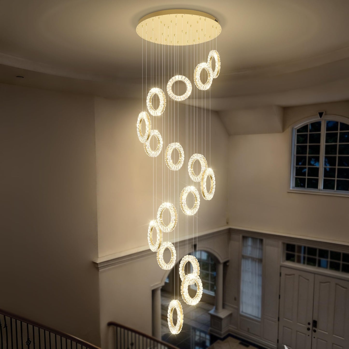 ykolupty 16 Rings High Ceiling Chandelier,Crystal Rings Chandelier,Staircase Chandeliers for High Ceilings,Foyer Chandeliers Entryway High Ceilings