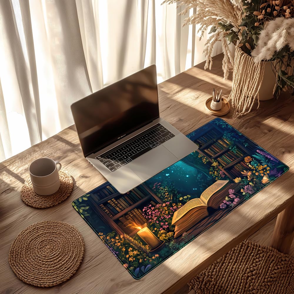 Gothic Desk Mat Gaming Desk Pad Blue Forest Large Mouse Pad, Mysterious Library Mouse Mat XXL Laptop Keyboard Pad, Vintage Gamer Mouse Pad Full Mousepads for School Office Home 31.5"x15.7"