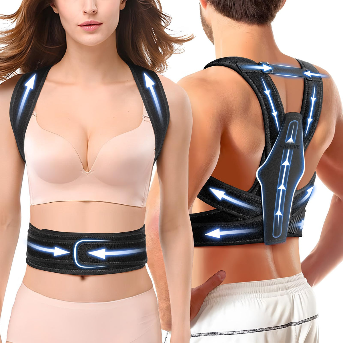 FILLOVE Posture Corrector for Women and Men with Magnetic Therapy Back Support, Strong Traction & Fully Adjustable Upper Back Brace Back Straightener for Neck, Clavicle, Spine and Shoulder Pain Relief