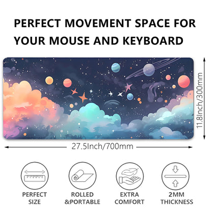 Cosmos Desk Mat Mouse Pad,Anime-Inspired Space Scene Mousepad, Cute Aesthetic Stars and Planets,Large Galaxy Mouse Pad,Cute Desk Mat for Home Work Ofiice(27.5X11.8 in)