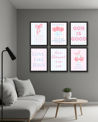 Coquette Pink & Blue Bow Wall Art Decor Posters - Blue & Pink Bow Christian Room Bedroom Bathroom Dorm Wall Art - Christian Inspirational Bible Verses - For College Teen Girls & Boys Gifts- Set Of 6 Pieces 8 x 10 Inch (UNFRAMED)