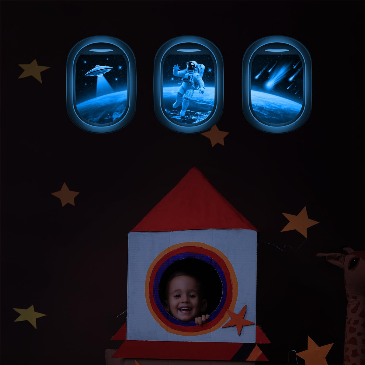 Glow in The Dark 3D Space Wall Decals, Set of 3 Galaxy Window Stickers for Wall, Space Themed Room Decor for Kids Boys (Blue)