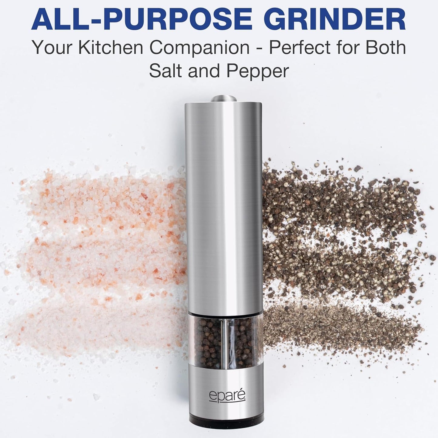 Eparé Bundle: Electric Salt or Pepper Grinder & Steel Egg Cracker Topper Set - Battery Operated Ceramic Burr Peppermill Shaker & Complete Soft Boiled Egg Tool Set