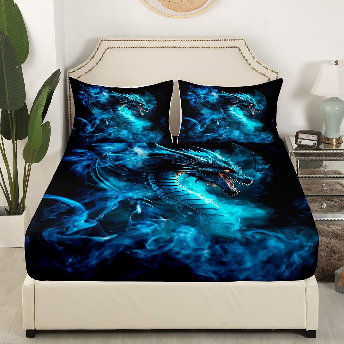 3D Dragon Fitted Sheet Queen Size,Black Blue Foggy Bedding Set 3Pcs,Western Magical Theme Animals Bed Sheet for Kids Boys Men Adult Room Decor,Cool Flying Dragon Deep Pocket Sheet,2 Pillowcases
