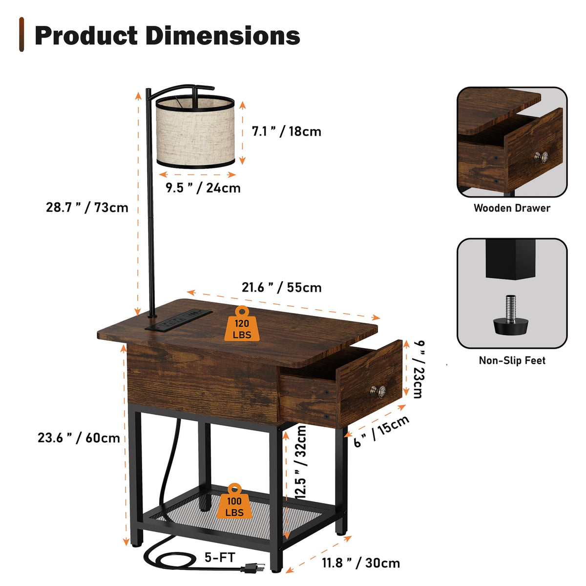 runjuly Floor Lamp with Table, Side Table with Lamp Attached, Narrow End Table with LED Lights and Charging Station, Nightstand with Wood Drawer for Living Room, Bedroom, Rustic Brown