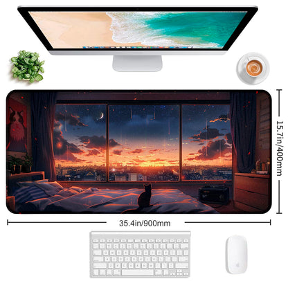 Anime Cat Fantasy Window Mouse Pad, Summer Mouse Pad Large Healing Night Scene, Game Table Pad XL Office Decoration Women's Laptop Keyboard Pad 35.4 x 15.7 x 0.12 Inches