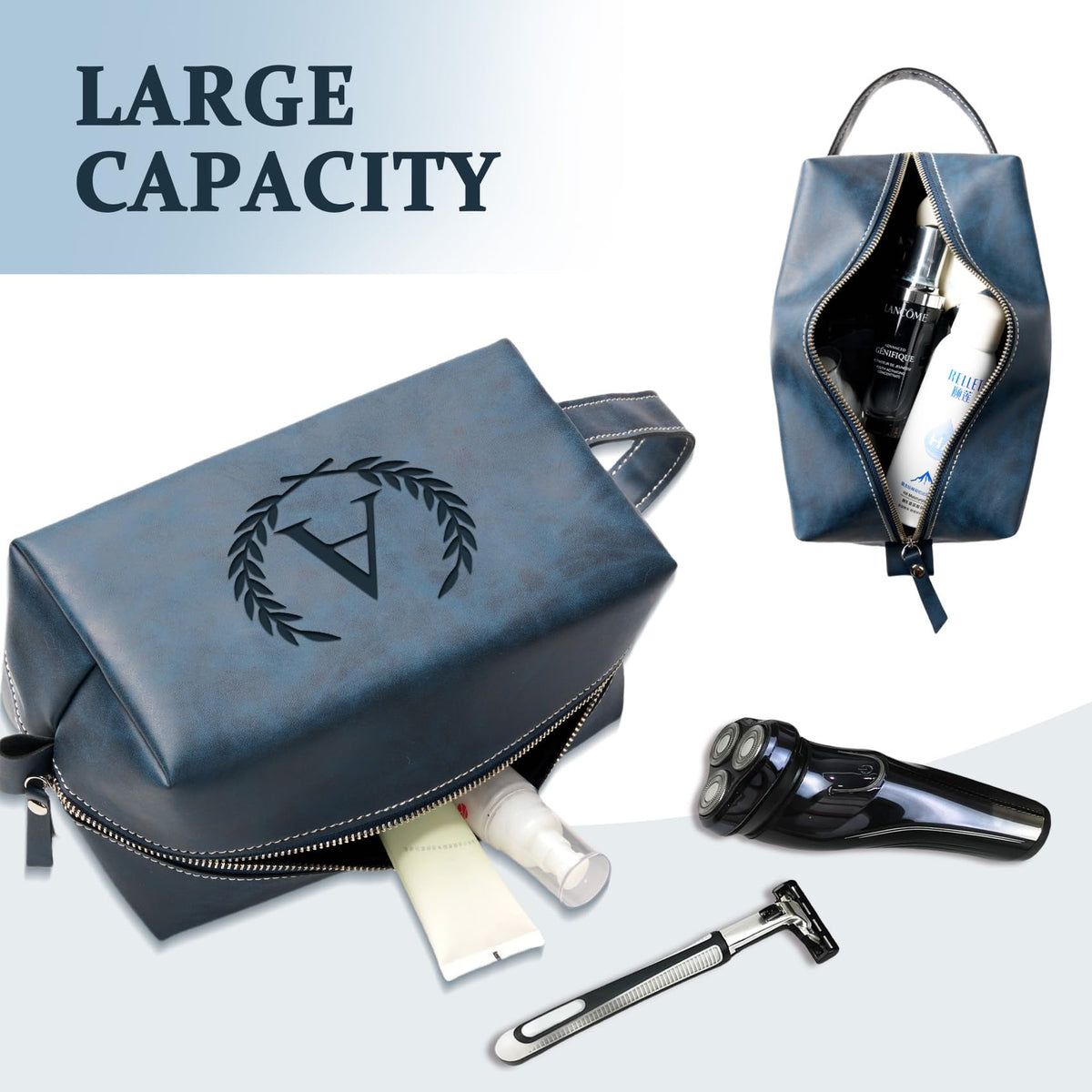 Aganmi Personalized Gifts Travel Toiletry Bag for Men Engraved Initial PU Leather Waterproof Shaving Bag for Toiletries Accessories Fathers Day Birthday Gift for Men Dad Husband Son, Dark Blue B