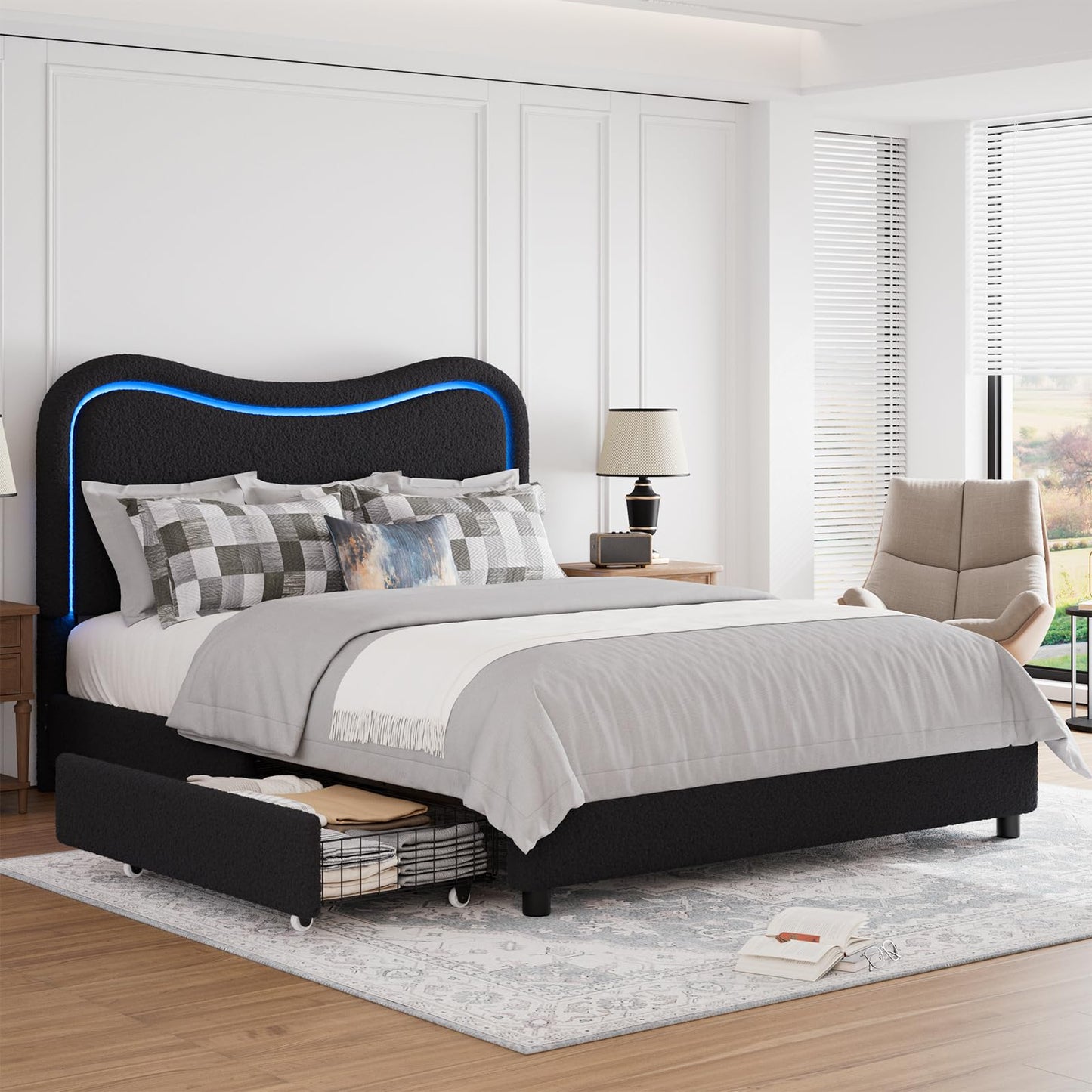 Garvee Boucle Queen Bed Frame with 2 Storage Drawers, Upholstered Platform Bed with LED Headboard, Wood Slats Support, No Box Spring Needed for Kids, Teens-Black