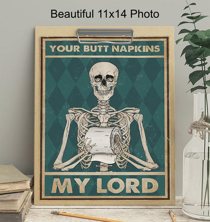 Spooky Bathroom Decor LARGE 11x14 - Skeleton Decoration - Funny Bathroom Wall Art - Your Butt Napkins My Lord - Humorous Bath Decor - Gothic Wall Art - Bath Accessories - Powder room Picture