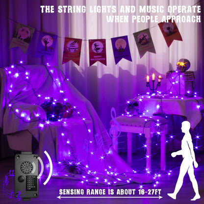PEIDUO Halloween Decorations Outdoor, 82 FT 200 LED Purple String Lights, Motion Sensor Controller Sync with Spooky Music, Twinkle Fairy Lights for Outside Indoor Party Bedroom Halloween Decor