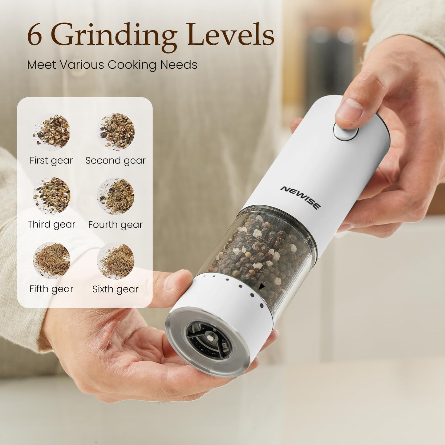 Electric Salt and Pepper Grinder Set, Adjustable Coarseness & LED Light, Rechargeable Large Capacity Stainless Steel Mill, Kitchen Appliances for Women Mom- Black/White