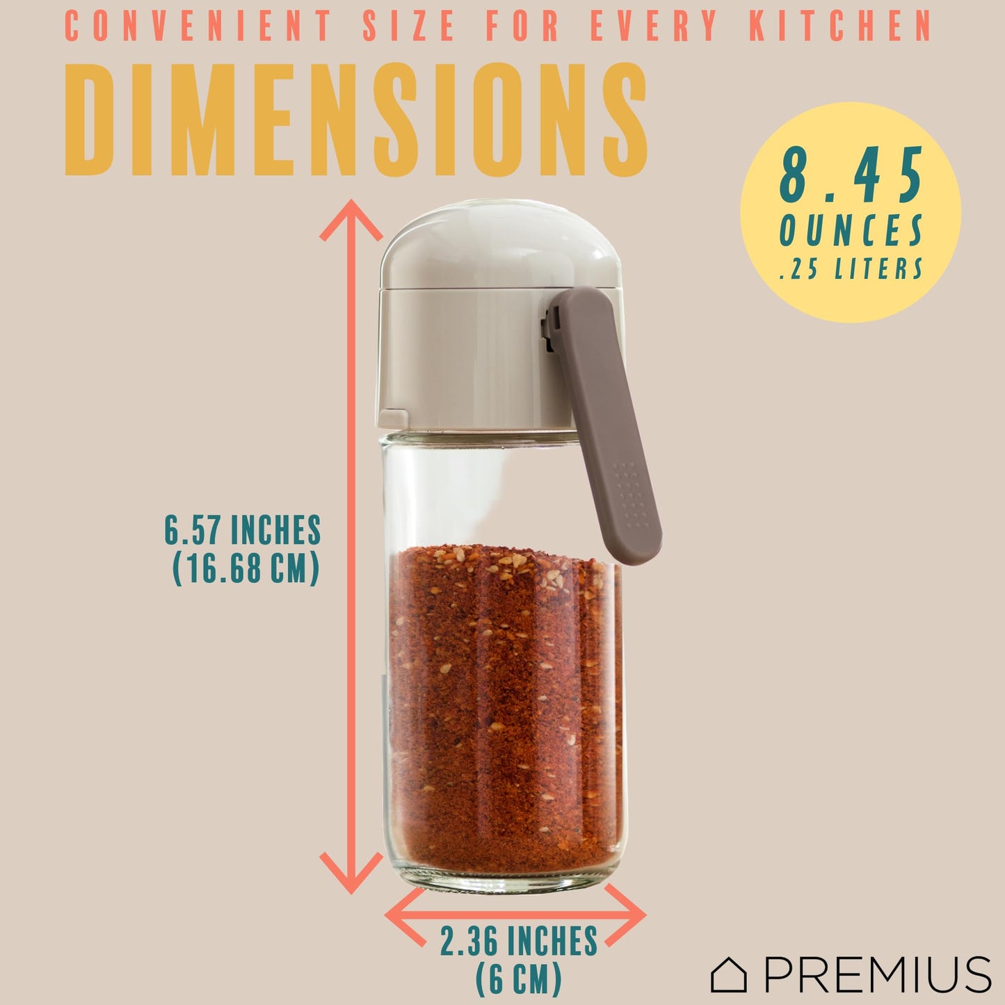 Glass Precision Spice Dispenser By PREMIUS, 8.45 Ounces, Durable Glass Bottle, Plastic Lid, Pour the Perfect Amount of Spices Every Time, Airtight Design with Sleek Glass, White