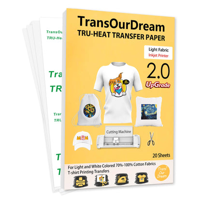 TransOurDream Upgraded Iron on Heat Transfer Paper for T Shirts (20 Sheets, 8.5x11) Iron on Transfers for Light Fabric Printable Heat Transfer Vinyl for Inkjet Printer (TOD-4)