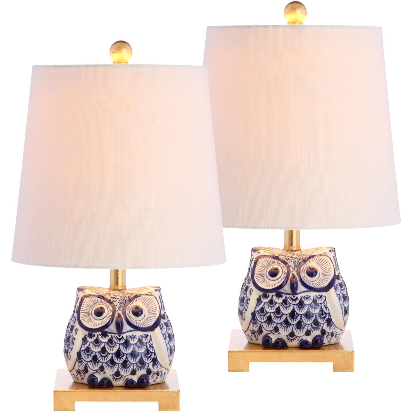 JONATHAN Y 16" Blue/White Ceramic Owl Mini Table Lamp for Bedroom or Office, Modern Farmhouse Nightstand Lamp with White Linen Shade, LED Bulb Included (JYL3014A-SET2)