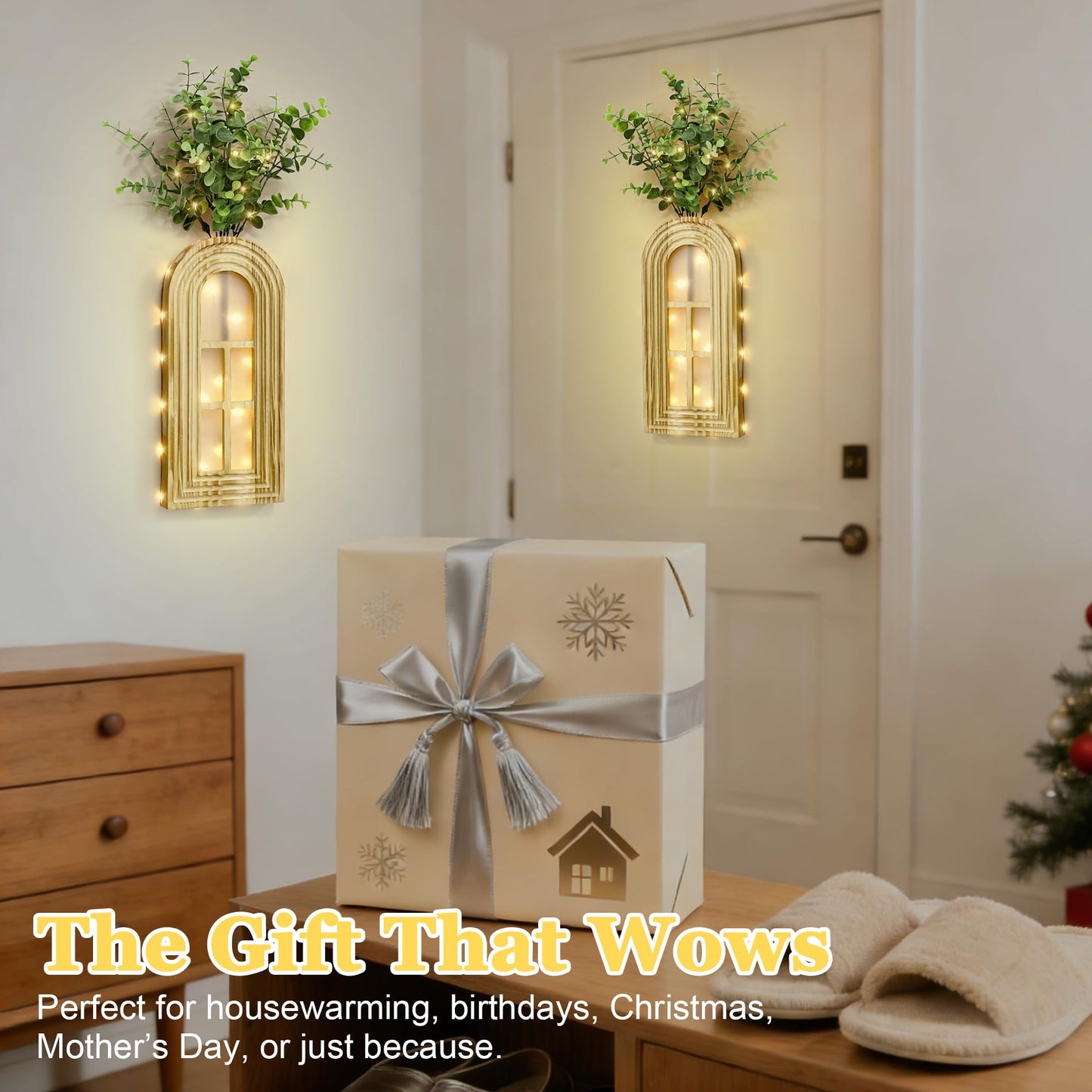 HOMECOR Hanging Wooden Vase Wall Decor - Brown Finish Boho & Modern Farmhouse Decor with Fairy Lights & Artificial Plants, Wall Art for Living Room, Bedroom, Bathroom Mothers Day Home Decor Gift