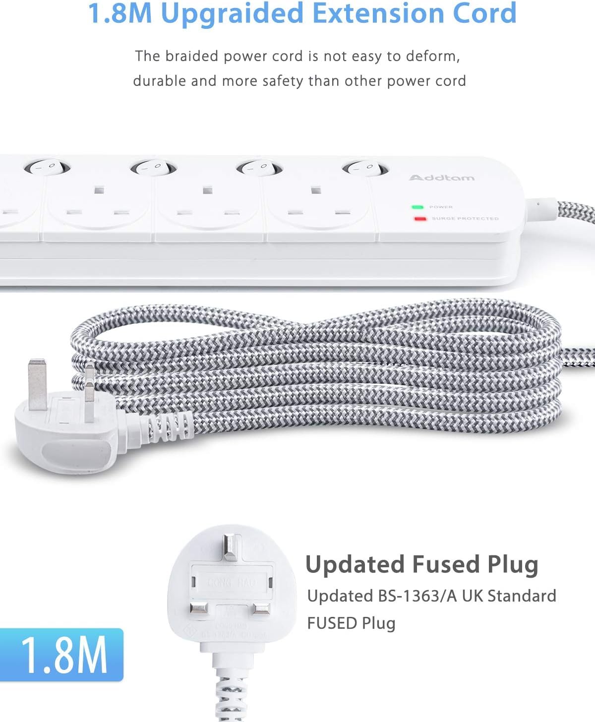 1.8M Extension Lead, 4 Way Socket Outlets Power Strips with 4 USB (2 Type C & 2 USB A), 1050J Surge Protection Multi Plug Extension with Braided Extension Cable for Home, Office, Individually Switched