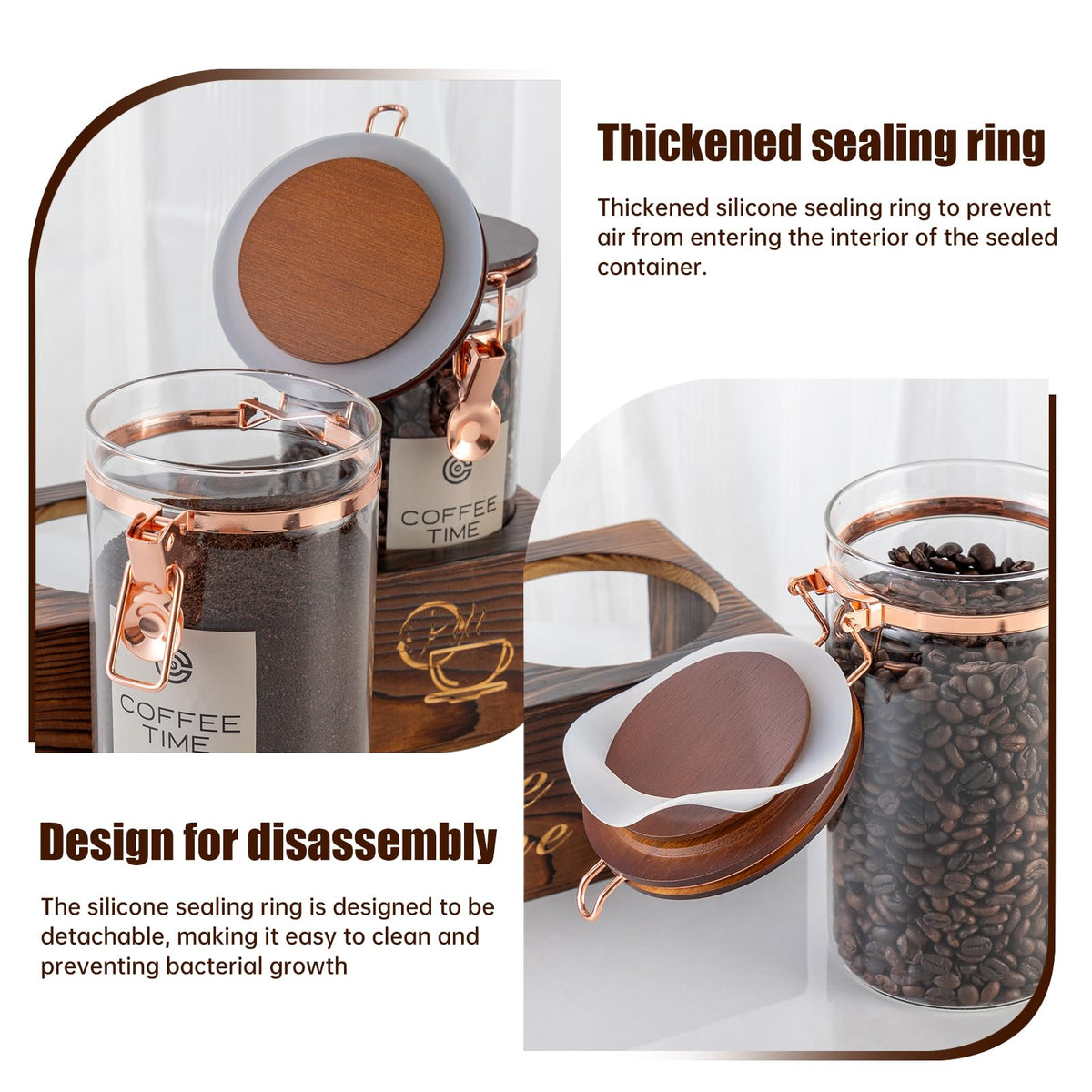 ARTIFORM Glass Coffee Canister Set with Torched Wood Shelf, 2 Pack 45oz Airtight Storage Jars with Lids & Spoons, Large Kitchen Canisters for Coffee Beans, Sugar, Tea & Nuts
