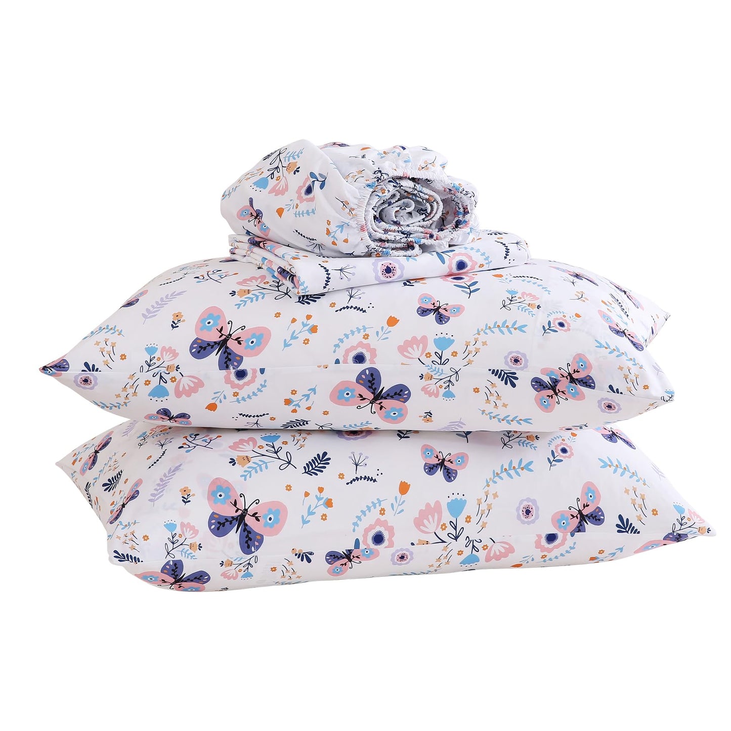 Yibeizi Butterfly Floral Sheet Set for Girls Full, Kids Boho Print Bedsheets Microfiber Deep Pocket Cute Patterned Bed Sheet & Pillowcase Sets 4 Pieces