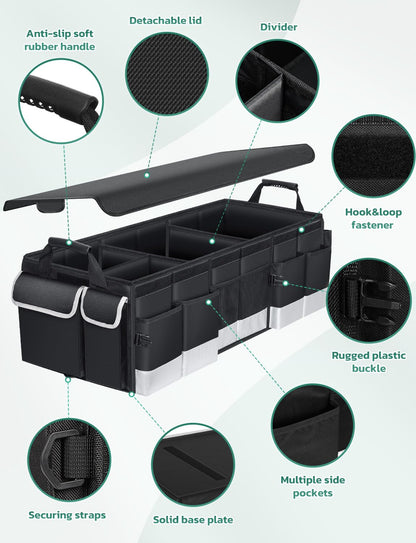 Oasser Trunk Organizer with Cooler Bag 95L, Bearing 110lb No Deformation, Collapsible with Multi Compartments, Removable Insulated Bag, Foldable Lid, Non Slip Bottom, 2 Adjustable Straps (Black&Grey)