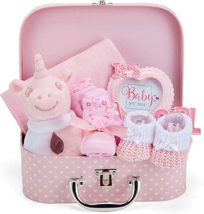Baby Box Shop - Girl Gift Set, Newborn Essentials, Baby Shower Gifts for Girls, Keepsake Box with Pink Unicorn Rattle, Bib, Booties, Mittens, Hat, Photo Frame & Muslin Cloth - Premium Baby Hamper