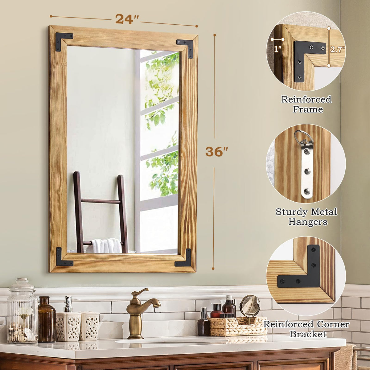 YNCLCS 36"×24" Rustic Wood Frame Mirror for Wall, Natural Bathroom Wooden Vanity Mirror, Solid Wood Frame, Vertical or Horizontal Hanging, Suit for Farmhouse, Living Room, Bedroom (Light Brown)