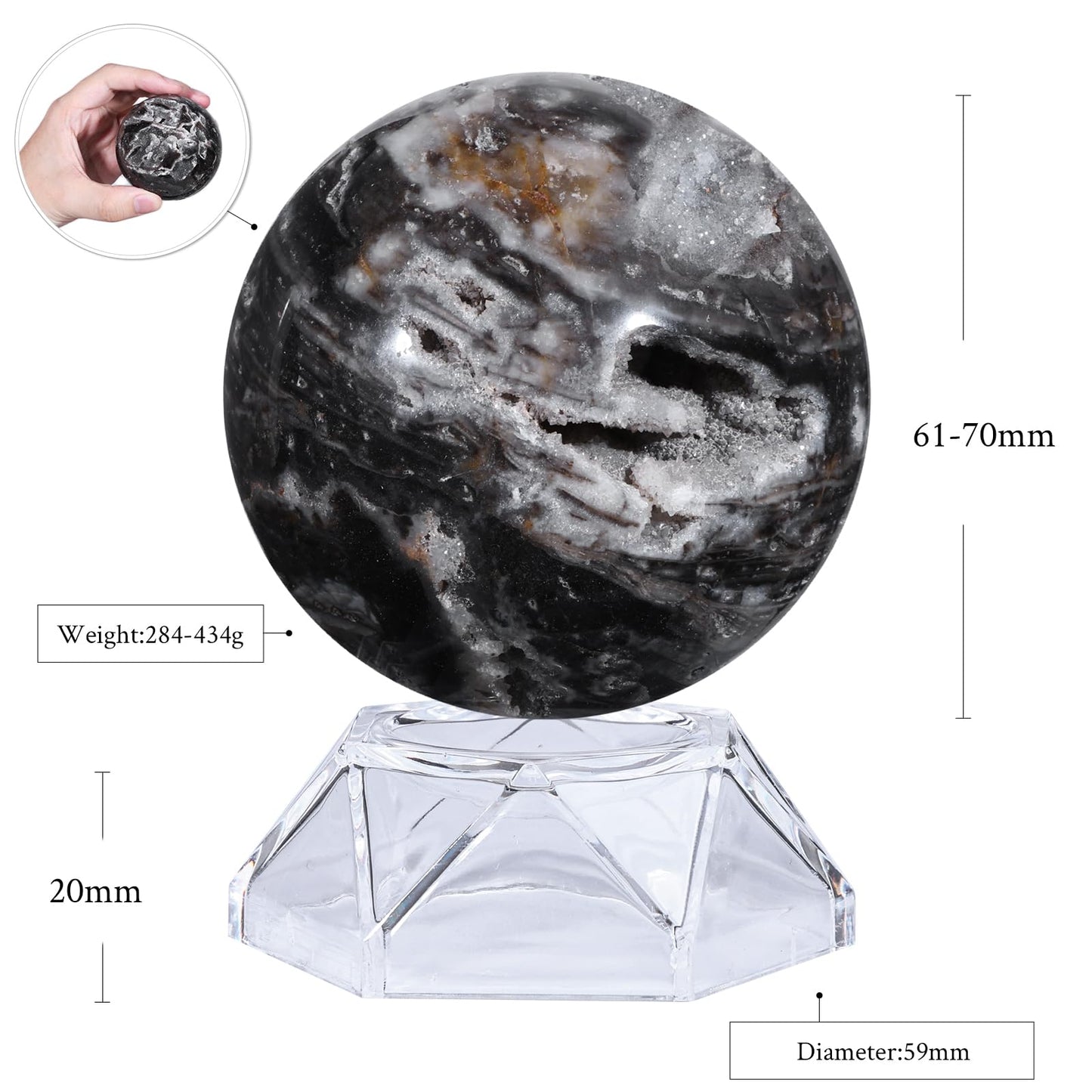 Sportmusies Natural Sphalerite Crystal Ball with Acrylic Stand, Healing Stone Sphere Orb Reiki Meditation Home Desk Decoration, 2.4-2.75 inches