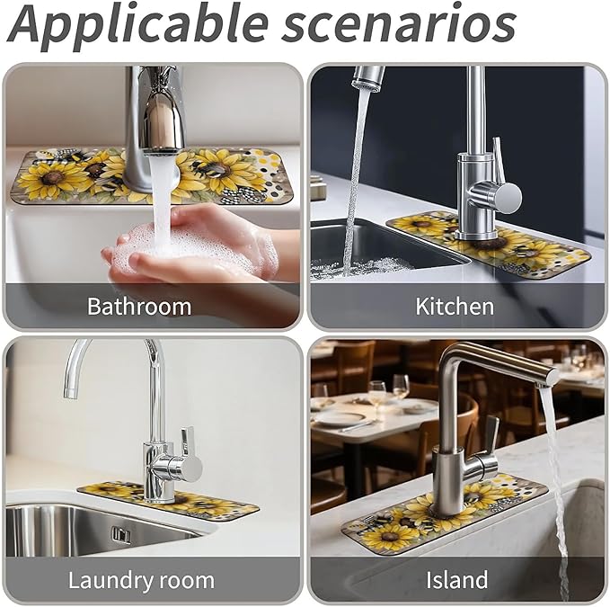 Kitchen Sink Splash Guard，Sunflower-with bumblebees Faucet Mat Sink