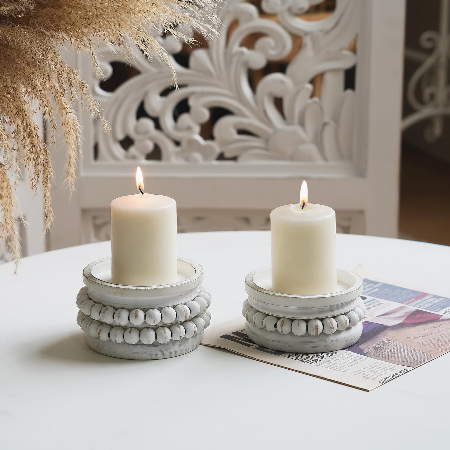 NIKKY HOME Farmhouse Beaded Wood Pillar Candle Holders Set of 2, White