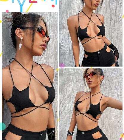 Rave Star Top for Women - Halloween Sexy Halter Crop Backless Bra Music Festival Crisscross Straps Concert Outfits(Black,L,1078a)