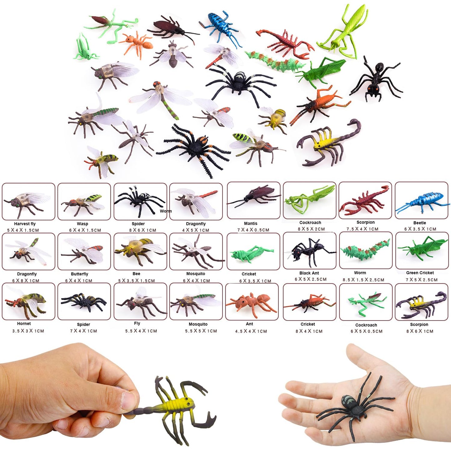 PINOWU Insect Toy Figures for Kids - 24pcs, 2-4' Fake Bugs - Spiders, Cockroaches, Scorpions, Crickets, Lady Bugs, Mantis & Worms for Education & Party Favors