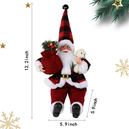 AnyDesign Christmas Sitting Santa Hand Crafted Cute Chic Santa Claus Figurines Doll with Gift Bag and Little Bear Christmas Decoration for Home Office Table Xmas Party Ornament Gift (12 Inch)