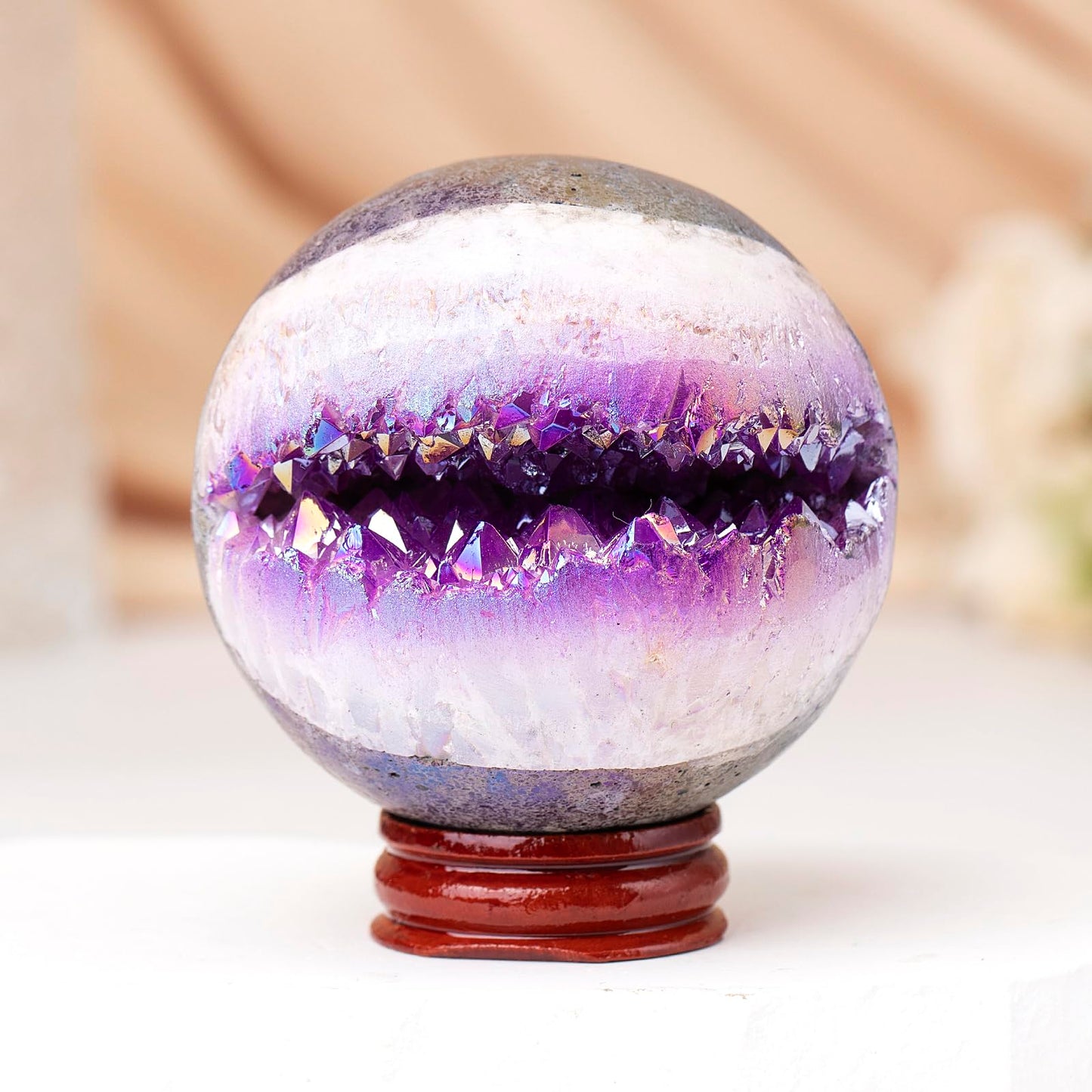 dssmboom Purple Titanium Coated Geode Stone Sphere with Wooden Stand for Home Decor, Rock Quartz Crystal Ball for Fengshui, Divination, Meditation, 61mm-70mm