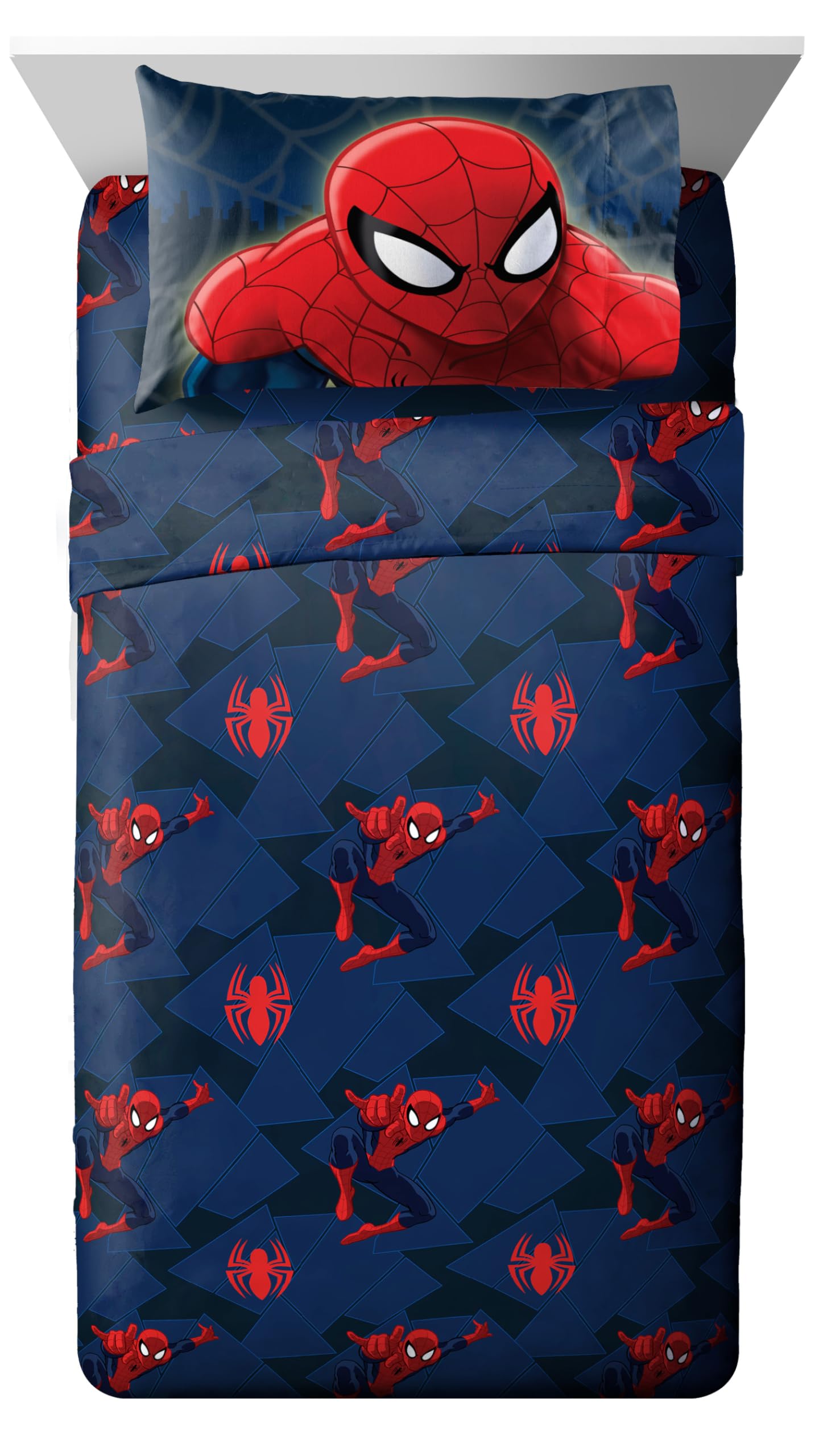 Jay Franco Kids Sheet Set with Fitted, Flat Sheets & Pillow Cover - Ultra-Soft Bedding with Pillowcase for Room Decor, Blue - Spiderman, 4 Piece Full