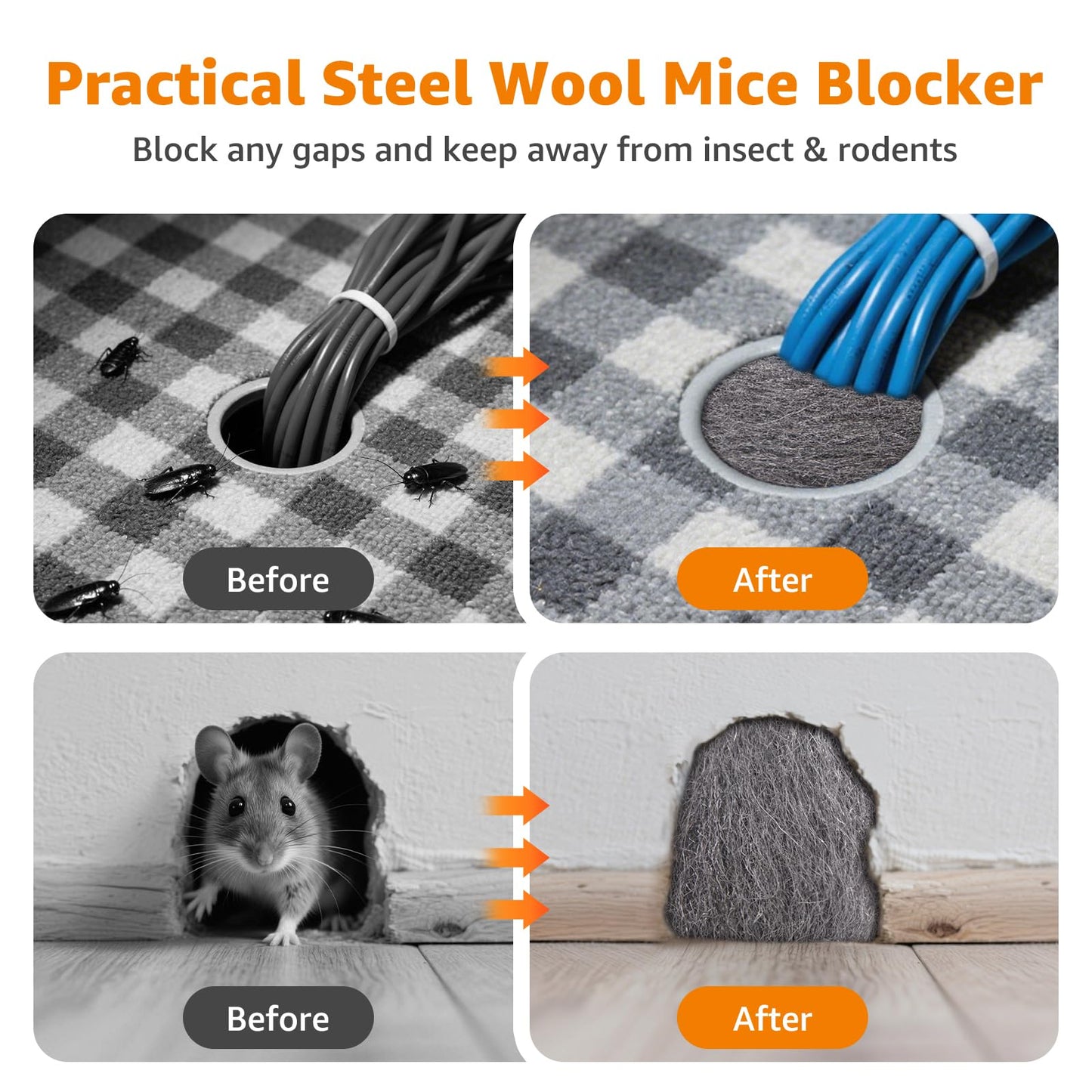 PICK FOR LIFE Steel Wool Mice Blocker 2 Pack 0000 Coarse Wire Wool Mice for Cleaning Rodent Control Gap Hole Filler Keep Rodent Rat Insect Pest out for Attic Garden Kitchen Garage with Gloves(3m/Roll)
