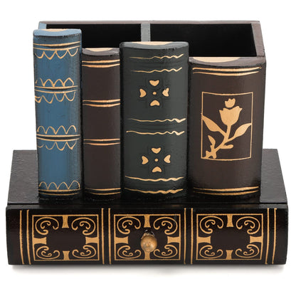 Tosnail Decorative Pen Holder with Storage Drawer, Wooden Pencil Holder Organizer, Antique Library Books Design Pen Cup Caddy, Desk Organizer for Office Supplies, Countertop, Desk, Table Accessory
