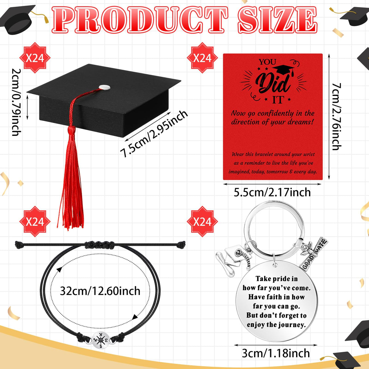 Ecation 24 Sets 2026 Graduation Gifts Unisex Bracelets Comes in Cap Shaped Box with Quote Card Keychain for Class of 2026(Retro Style)