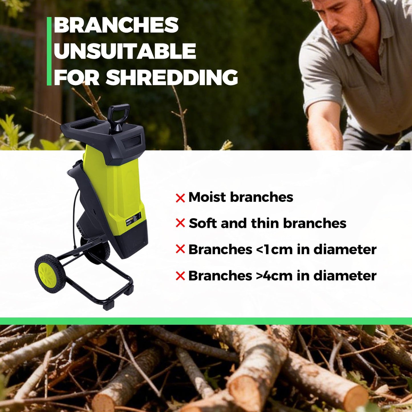 ZHDANB Electric Shredder mulcher, Mulching Machine, 50L Collection Bag, 40mm/1,57in Branch Chipper, Wood Chipper for Compost, for Processing Branches, Sticks & Yard Waste Yellow