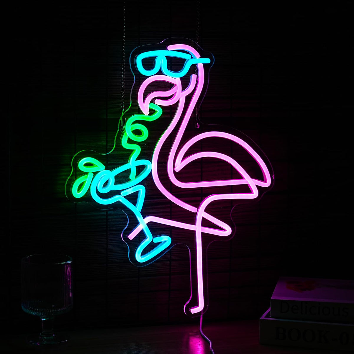 Flamingos Drink Neon Sign LED Cocktail Light Up Sign for Wall Decor Dimmable USB Powered Animal Neon Light for Living Room Kids Room Bar Art Wall Decor （16.7 * 12.8In）
