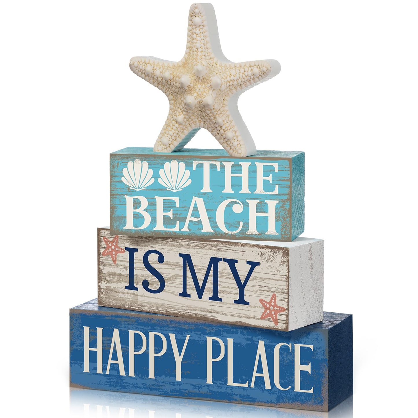 Moucuny 4 Pcs Summer Table Decoration Beach Tiered Tray Decor Starfish Coastal Rustic Wooden Block Sign Gifts Blue and White Ocean Centerpieces Farmhouse Beach Nautical Decor for Home Shelf Mantel