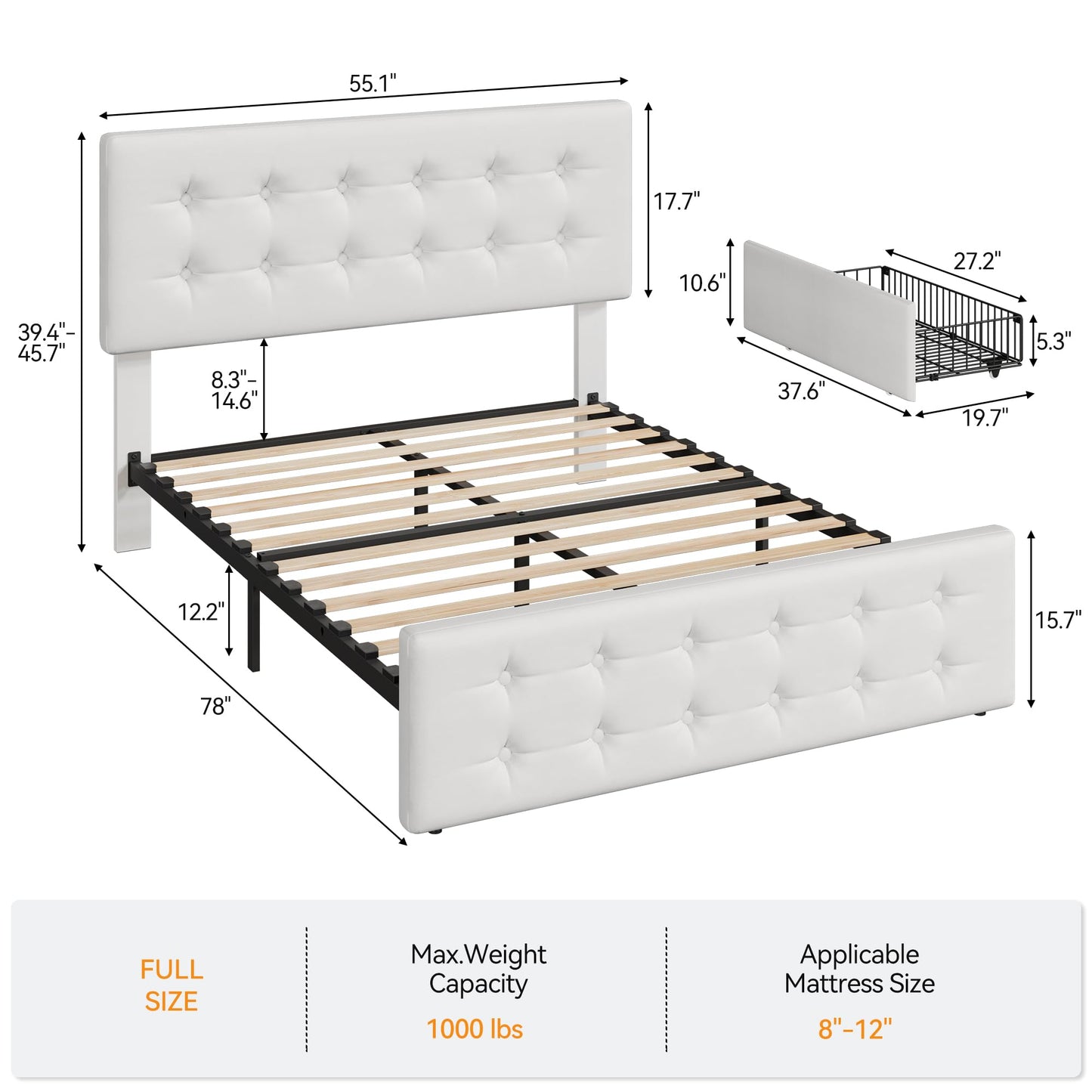 GarveeHome Full Size Bed Frame with 4 Storage Drawers and Headboard, Faux Leather Upholstered Platform Bed Frame with Wooden Slats Support, Button Tufted Design, No Box Spring Needed, White