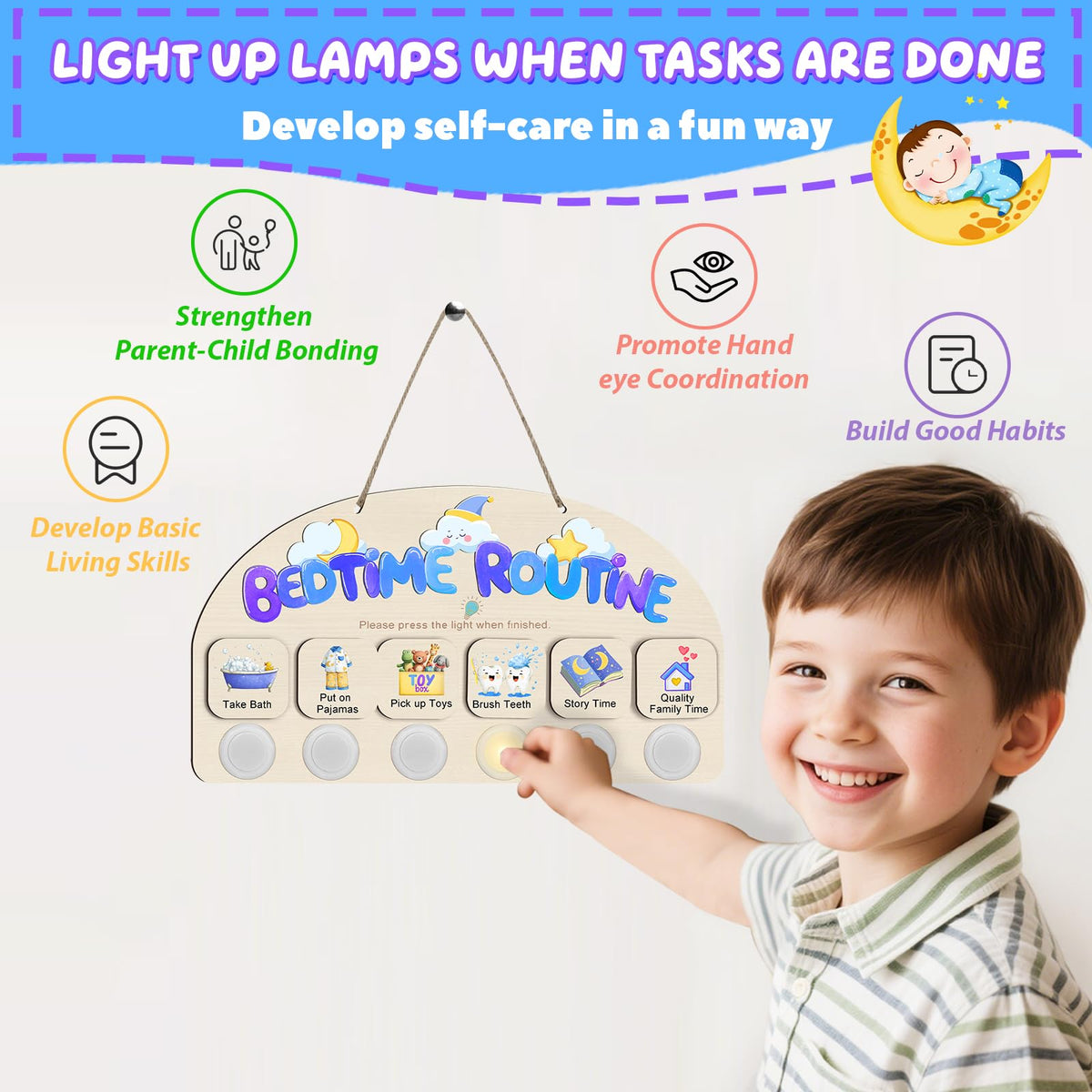 AINBIN Bedtime Routine Chart for Toddlers, Visual Schedule Chart Night to Do List with 6 Tap Lights & 10 Activity Cards Planning, Wooden Checklist Task Schedule Board for Kids, Autism, ADHD Planner